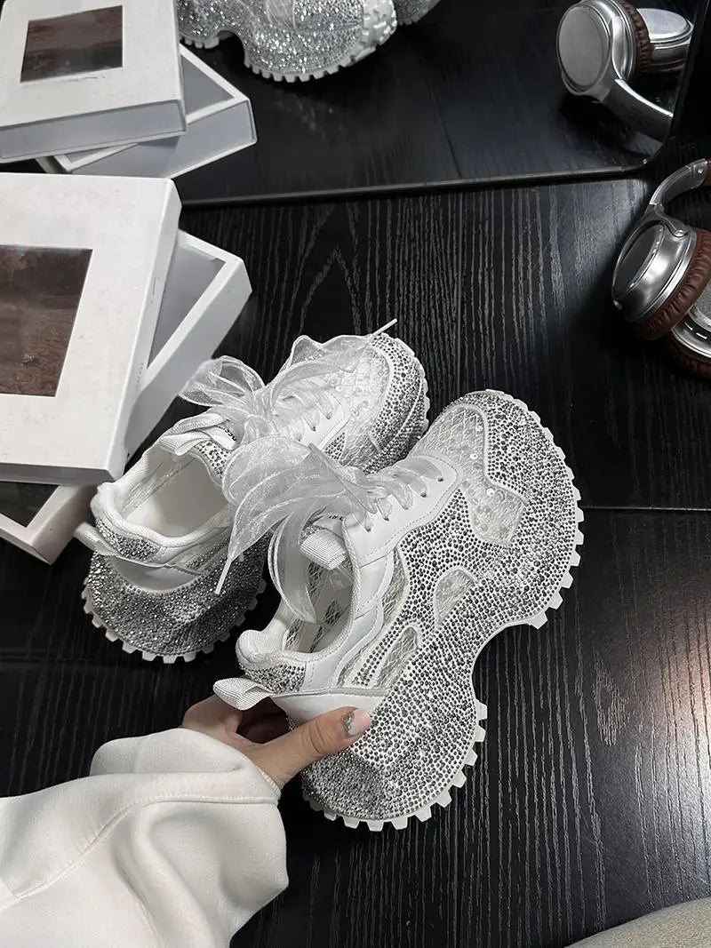 Leisure Sneakers Lace Up Breathable Platform Women Pumps High Heel Round Toe Solid Color Daily Diamonds Bowknot Comfortable