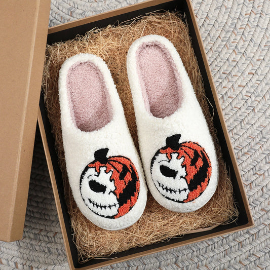 Halloween Pumpkin Pattern Embroidery stuffed Home Thick Sole plaid Wool Cotton Slippers Cute Warm Non-slip Indoor Slippers Festival Gift Men Women Can Wear