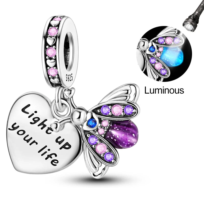 Hot Sale 925 Sterling Silver Charm Beads Glowing Luminous Firefly Star Light Bulb Pendant for Bracelet DIY Charms Jewelry