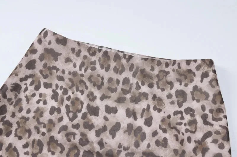 Women's tulle leopard print top shoulder straight neck and leopard print straight skirt summer casual girls two-piece set
