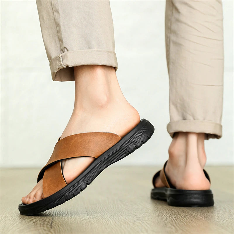 YRZL Men Casual Sandals Lightweight Comfortable PU Leather Summer Slippers Non Slip Outdoor Shoes for Beach Walking Flip Flops