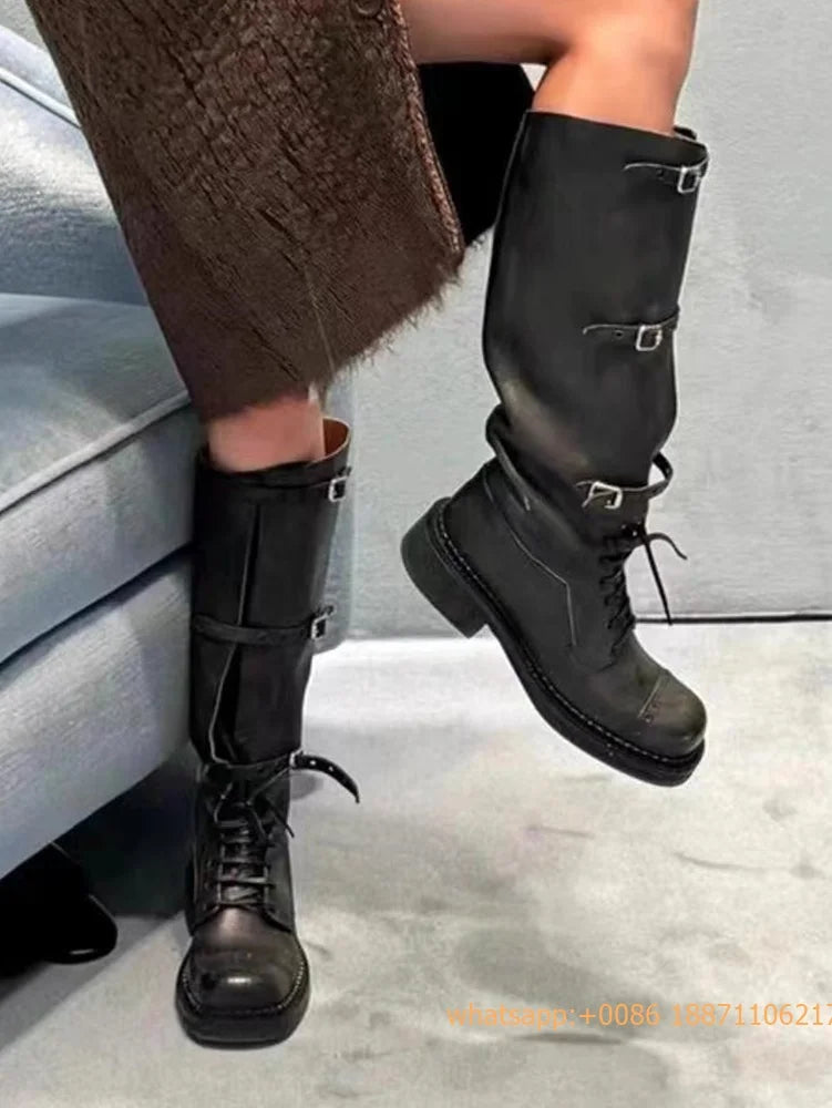 Genuine Leather Ladies Knight Boots 2025 Autumn Belt Buckle Model Catwalk Casual Long Boots Black/brown Thick Heel Casual Boots