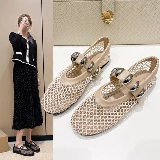 Spring New Flat Shoes Women Fashion Round Head Shallow Mouth Mesh Cloth Breathable Metal Buckle Soft Sole Single Shoes