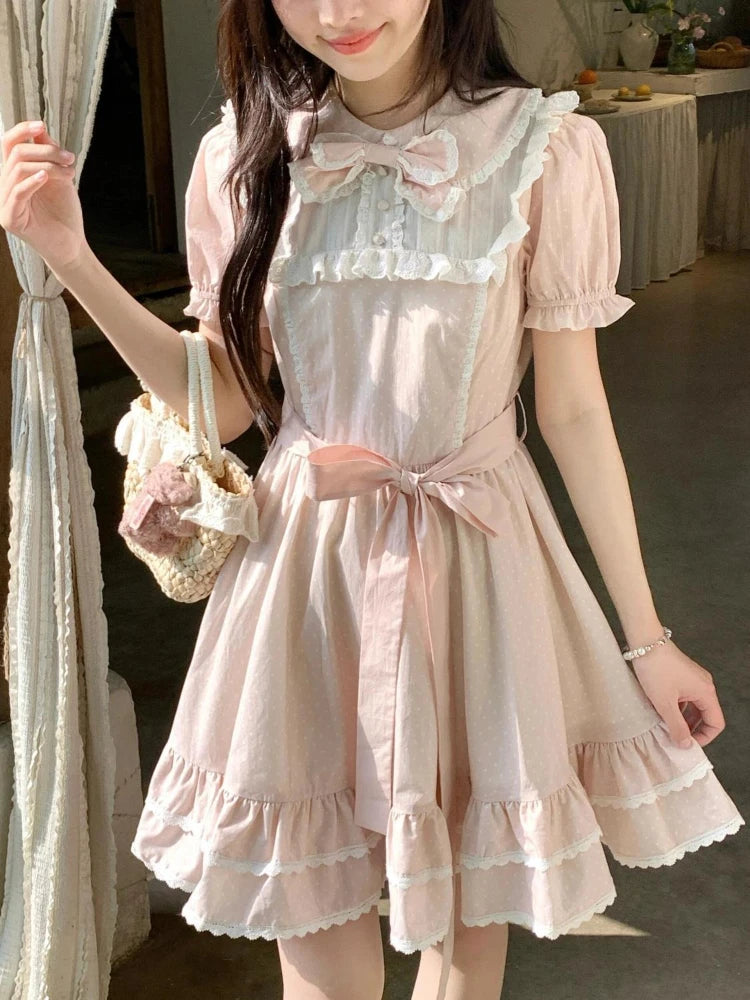 Summer Sweet Pink Puff Sleeve Bow Dress Women's Design Casual New Patchwork Dresses Elegant New Fashion A-line Short Dresses