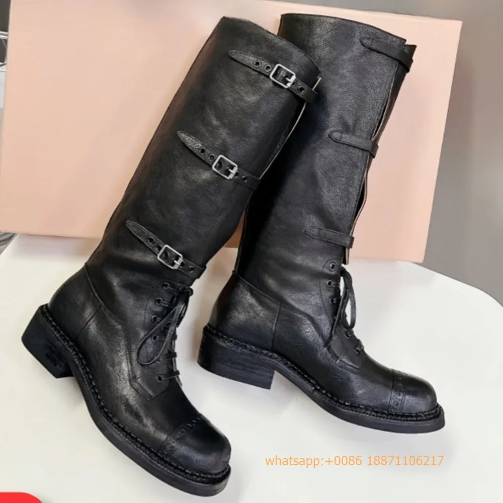 Genuine Leather Ladies Knight Boots 2025 Autumn Belt Buckle Model Catwalk Casual Long Boots Black/brown Thick Heel Casual Boots