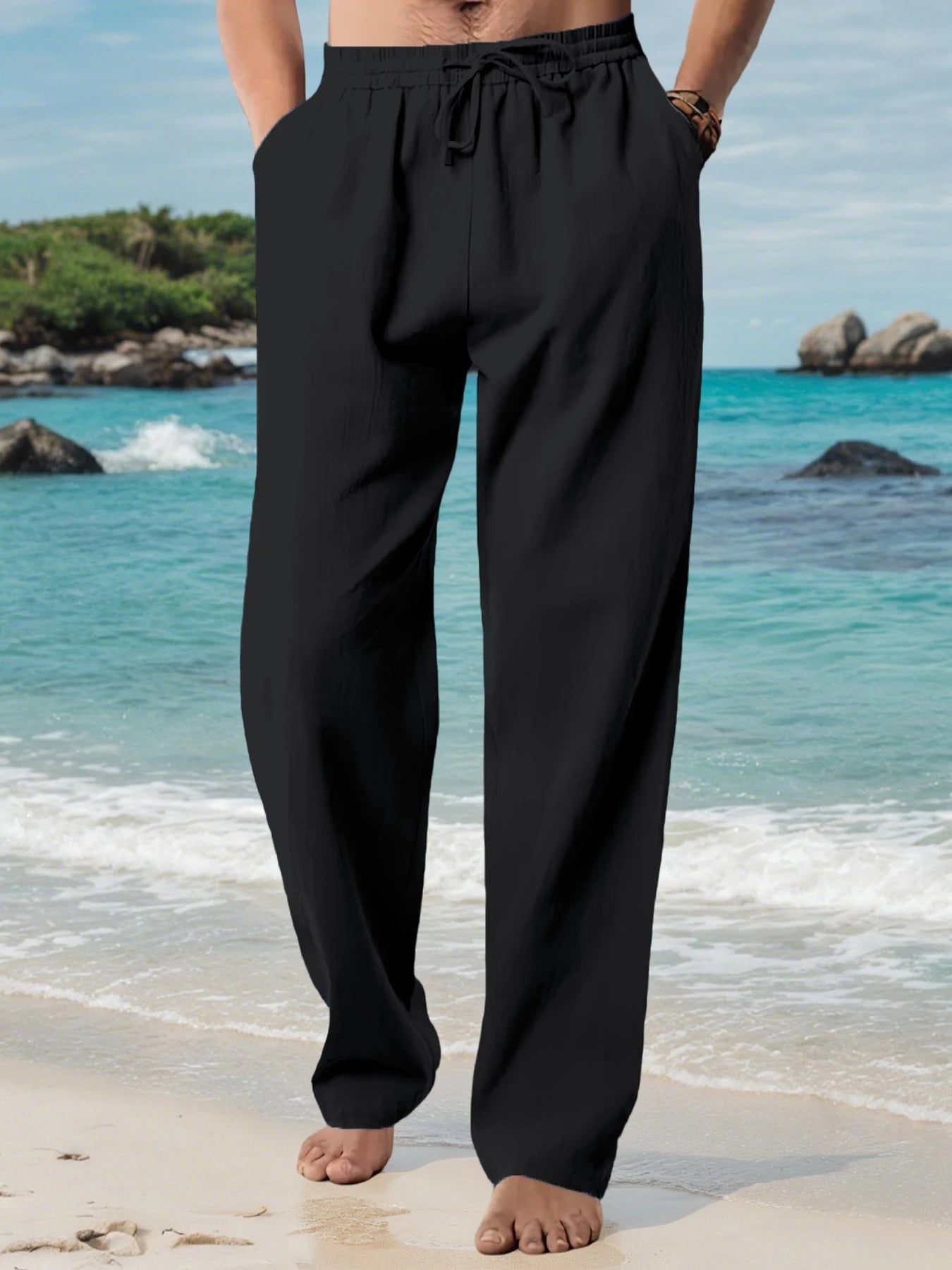 Men's Cotton Linen Casual Long Pants Summer Loose Breathable Beach Pants Solid Color Drawstring Elastic Waist Male Trousers