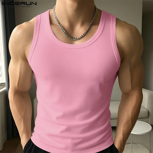 INCERUN Men Tank Tops Solid Color O-neck Sleeveless Casual Male Vests Summer Streetwear 2025 Fashion Skinny Leisure Men Clothing