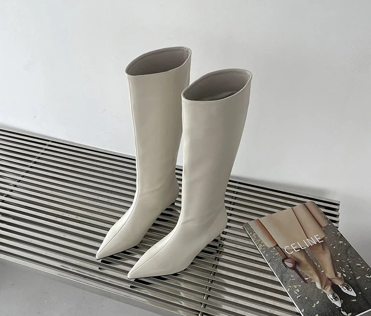 2025 Luxury Knee High Boots Women Wine Red Pointed Toe Kitten Heel Long Boots Wide Tube Bottes Santiags Femme Elegant Shoes