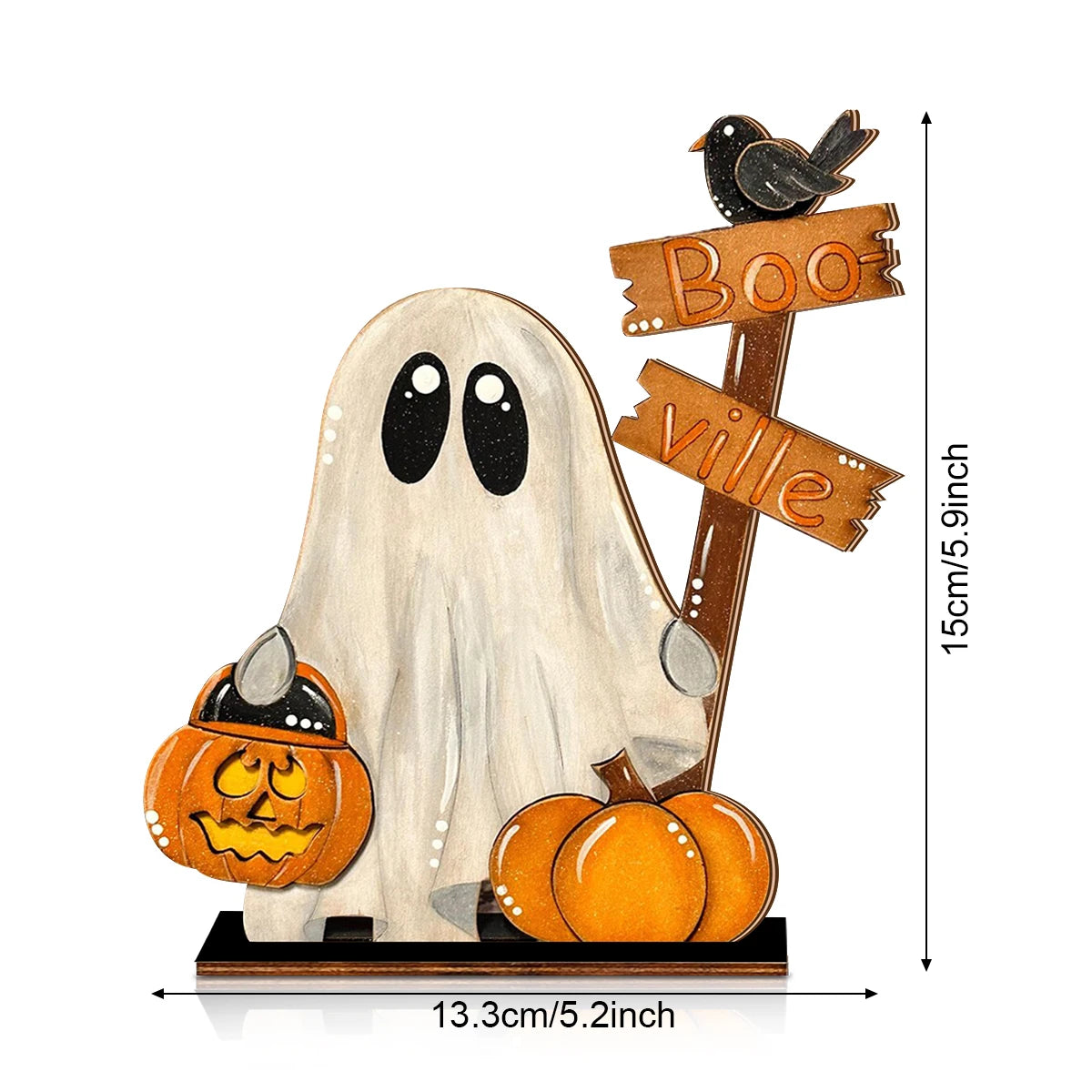 Halloween Wooden Ghost Decor with Pumpkin Bucket and "Boo - ville" Sign - Festive Home Decoration