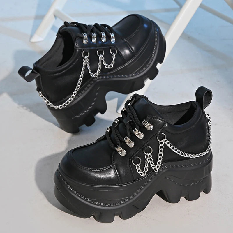 Gothic Punk Chunky Sneakers for Women Black Chain Decor Platform Sports Shoes Woman Thick Sole Non Slip Punk Sneakers Plus Size