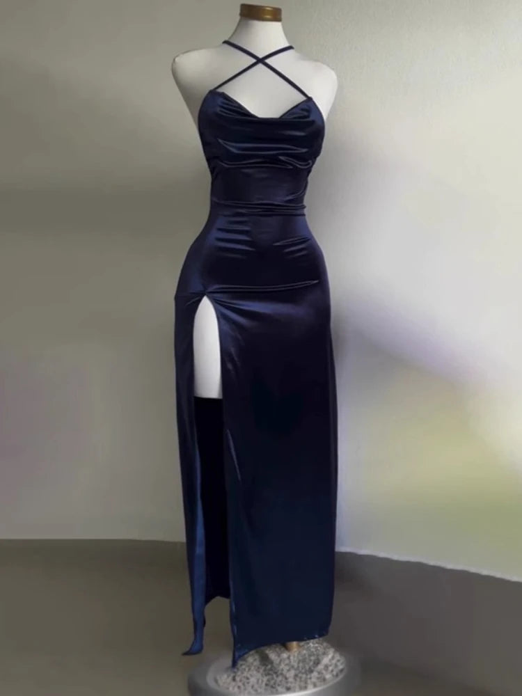 Fashion Sexy Backless Women Y2k Sling Dress Elegant Solid Color Long Evening Dresses Slim Fit Sleeveless Clothing