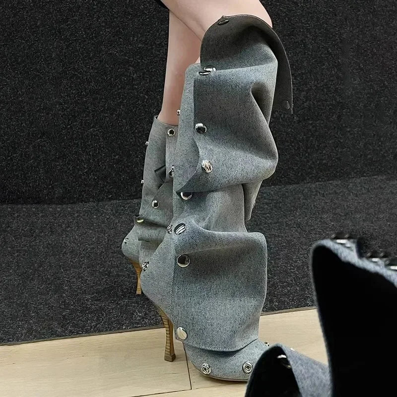2024 Metal Buckle Detachable Denim Boots 10cm High Heel Boots 35-45 Internet Red Model Fashion Walking Red Carpet Thigh Boots
