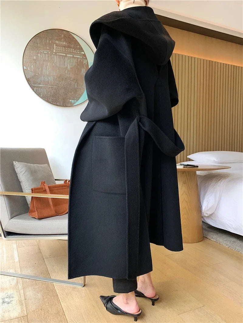 2024 Mid-Length Autumn and Winter Hooded Double Sided Cotton Cashmere Coat Female 100% Wool Loose Thick Woolen Coat