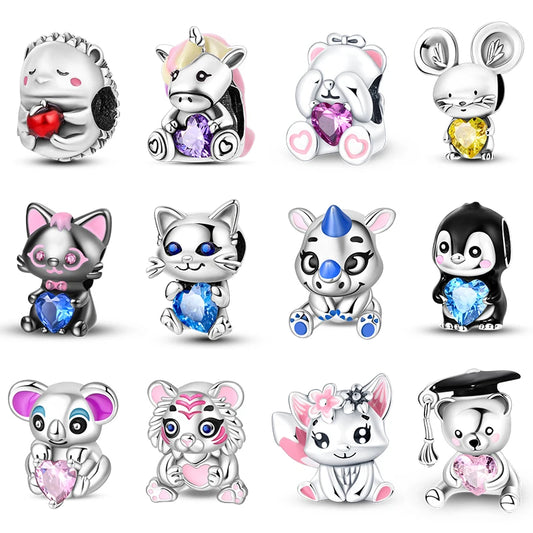 S925 Sterling Silver Owl Squirrel Bear Hedgehog Cute Animal Series Creative Charms Beads Fit Pan Original Bracelets DIY Jewelry