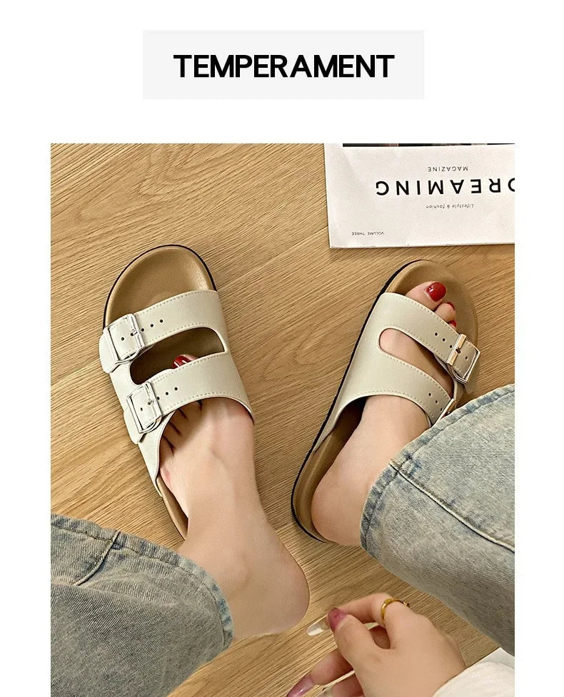 Women's Belted Sandals Roman Style PVC Material Open Toe Metal Decorated Flat Heels Spring Summer Outdoor Wear Fashionable Versa