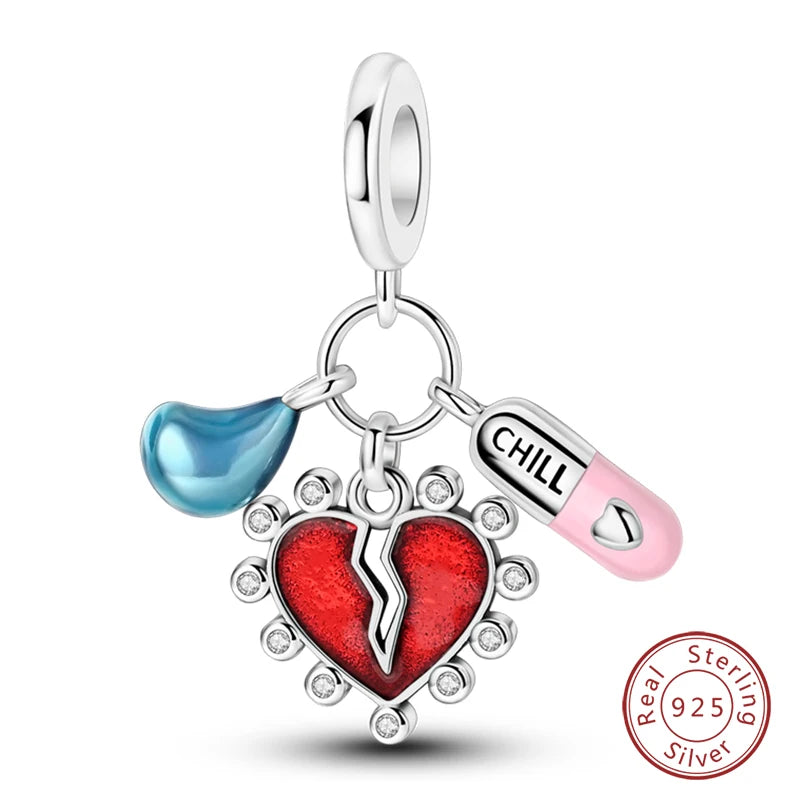 Original 925 Sterling Silver Red Charm Beads Red Wine Chili Dumbbell Pendant For Women Fit DIY Bracelet Birthday Jewelry Gift