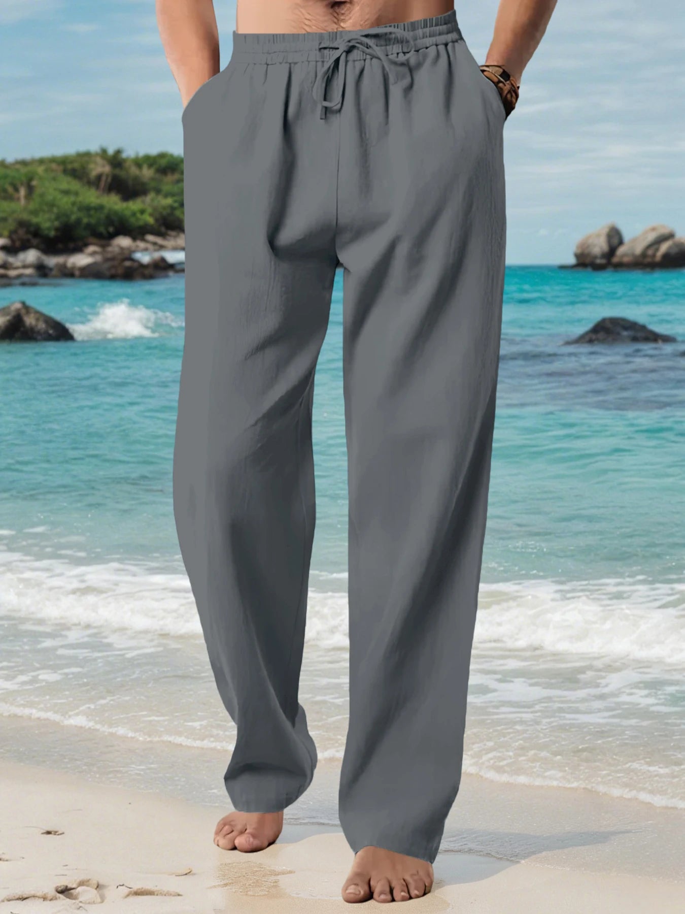 Men's Cotton Linen Casual Long Pants Summer Loose Breathable Beach Pants Solid Color Drawstring Elastic Waist Male Trousers