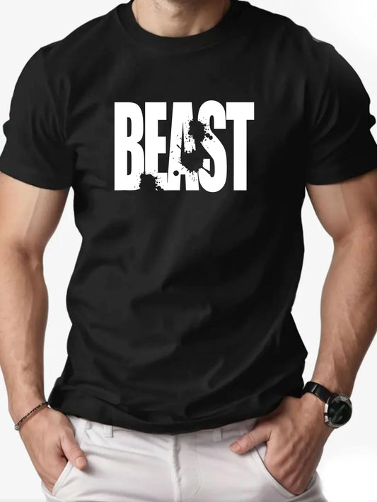 Men's 100% Cotton T-shirt BEAST Print Short Sleeve Top Casual Comfortable Breathable Summer Tee for Men 2025 New Fashion