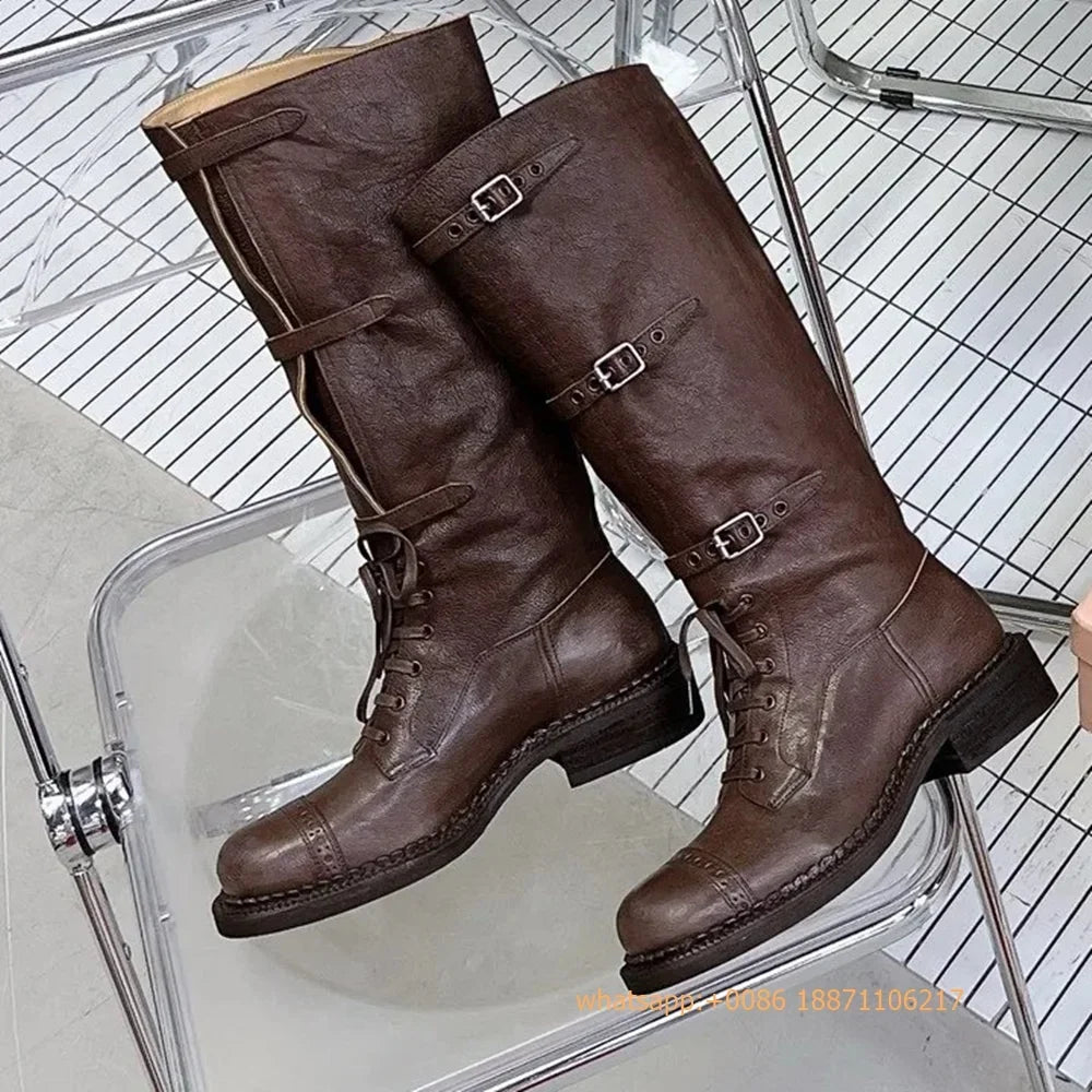 Genuine Leather Ladies Knight Boots 2025 Autumn Belt Buckle Model Catwalk Casual Long Boots Black/brown Thick Heel Casual Boots