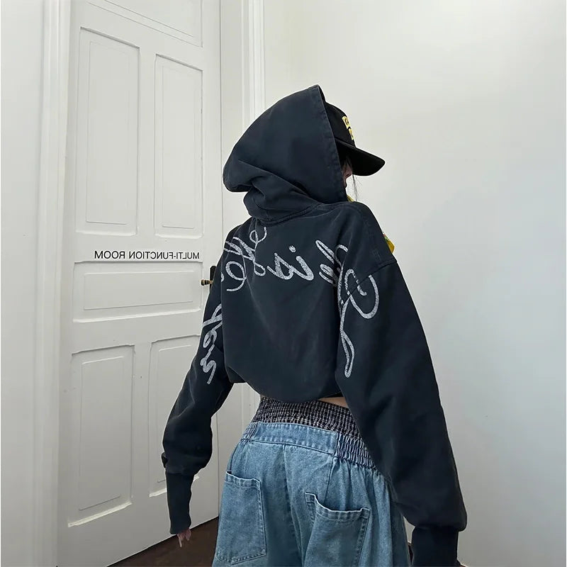 Y2K Fashion Retro Hoodie Artistic White Letter Print Long Sleeve Zip Up Hooded Sweatshirt Men Women Distressed Washed Streetwear
