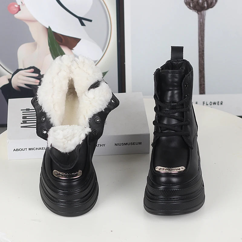 12CM Genuine Leather Winter Autumn Chimney Plush Spring Ankle Booties Fashion ZIP Women Moccasins Platform Wedge Shoes