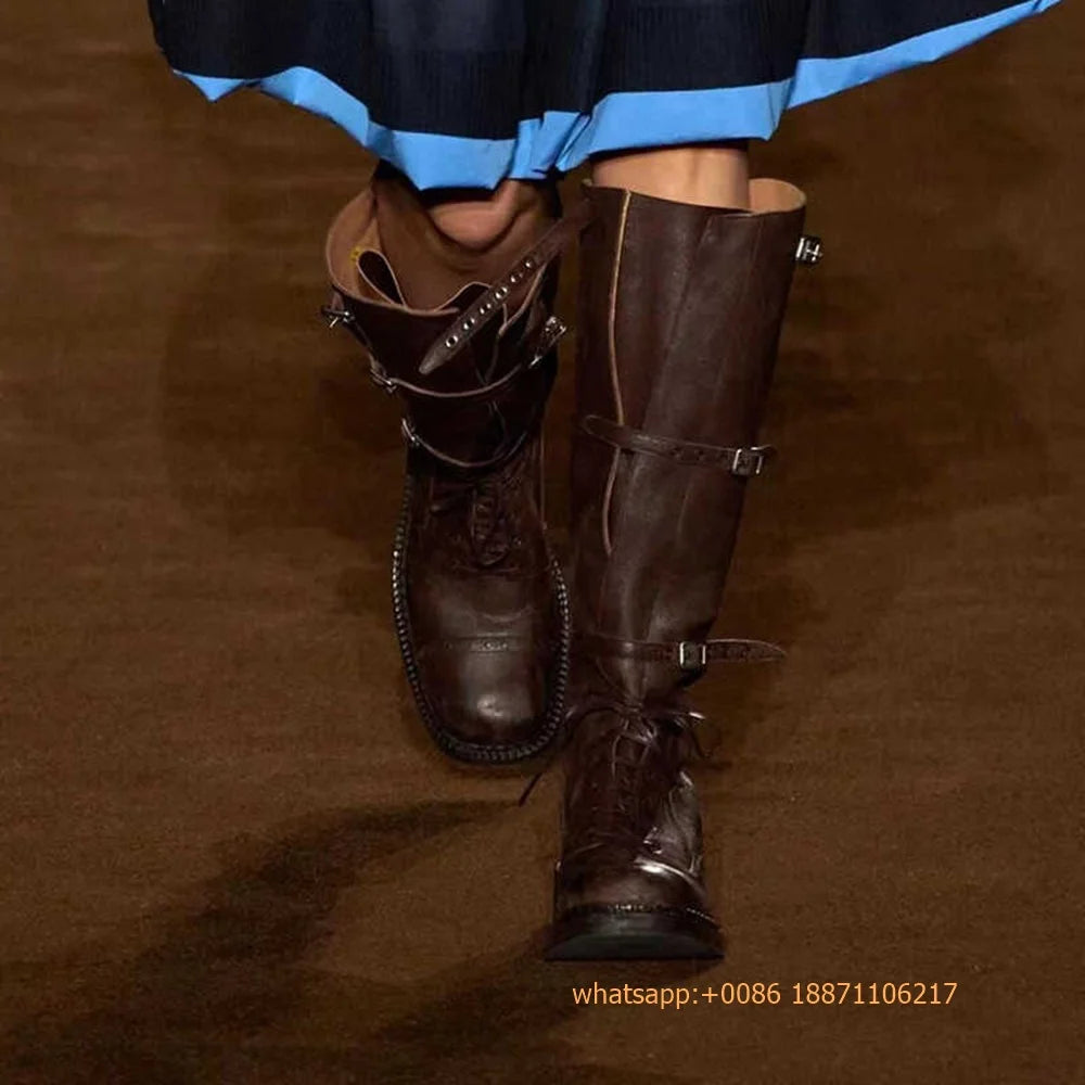 Genuine Leather Ladies Knight Boots 2025 Autumn Belt Buckle Model Catwalk Casual Long Boots Black/brown Thick Heel Casual Boots
