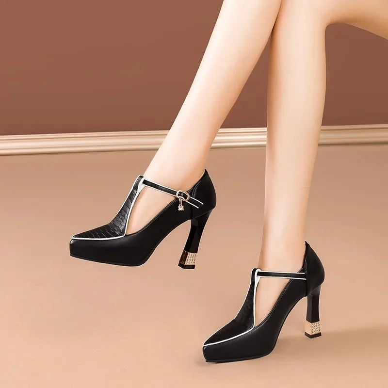 2024 Spring Vintage Fashion Women's Pointed Toe Shallow Sole One-Piece Buckle Mary Sandals High Heels Polyurethane Leather