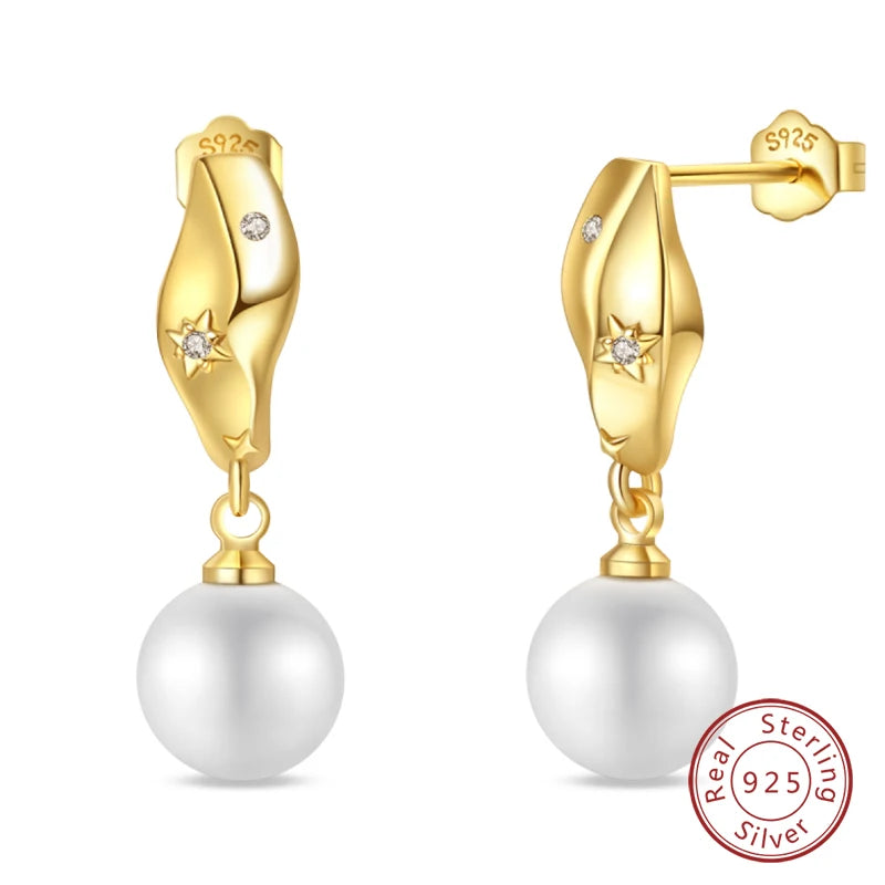 New in 925 Silver Color Gold Pearl Bee Irregularity Star Moon Earrings For Women 2024 Trending Fashion Jewelry Birthday Gifts