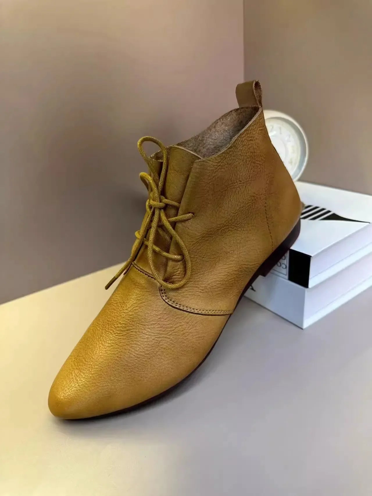 2024Women Flat Short Boots Lace Up Pointed Toe Motorcycle Ankle Booties Autumn Female Soft Sole Casual Shoes Botas De Mujer