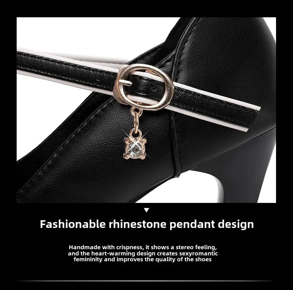 2024 Spring Vintage Fashion Women's Pointed Toe Shallow Sole One-Piece Buckle Mary Sandals High Heels Polyurethane Leather