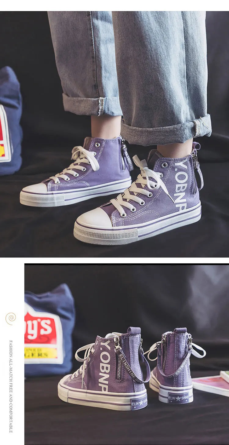 Fashion Purple Womens Canvas Shoes Spring and Autumn High Top Woman Shoes Zipper Breathable Canvas Sneakers Women Vulcanize Shoe