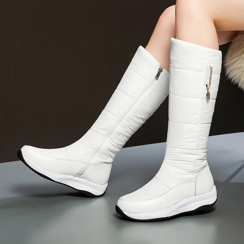 2025  Women Snow Boots Waterproof Down Plush Genuine Leather Red White Casual Travel Ladies Flat Heels Platform Knee High Boots
