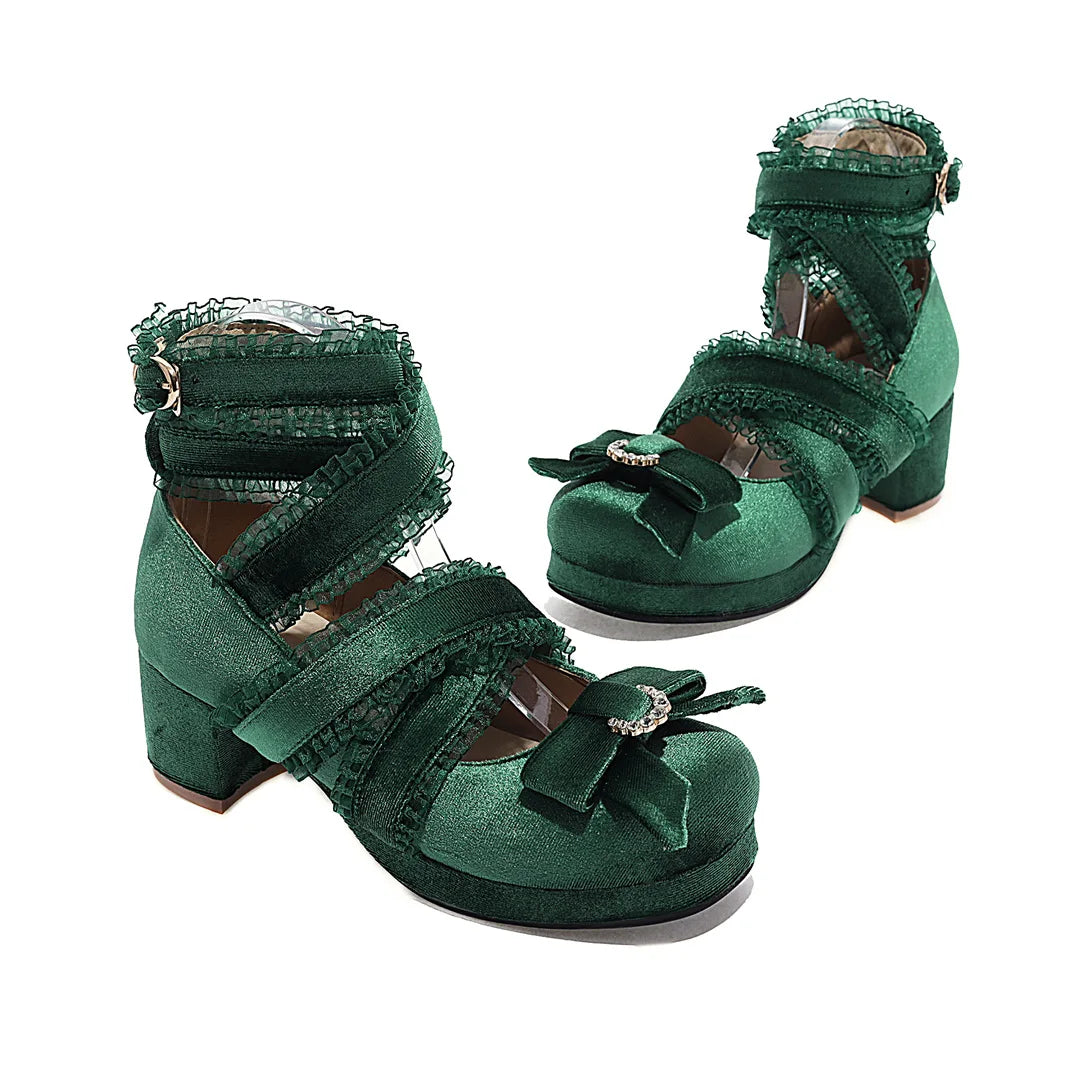 JK Fairy Lolita Shoes Flock Gold Velvet Bow Platform Mary Jane Cross Strap Pumps Gladiator Cosplay Party Red Green Black