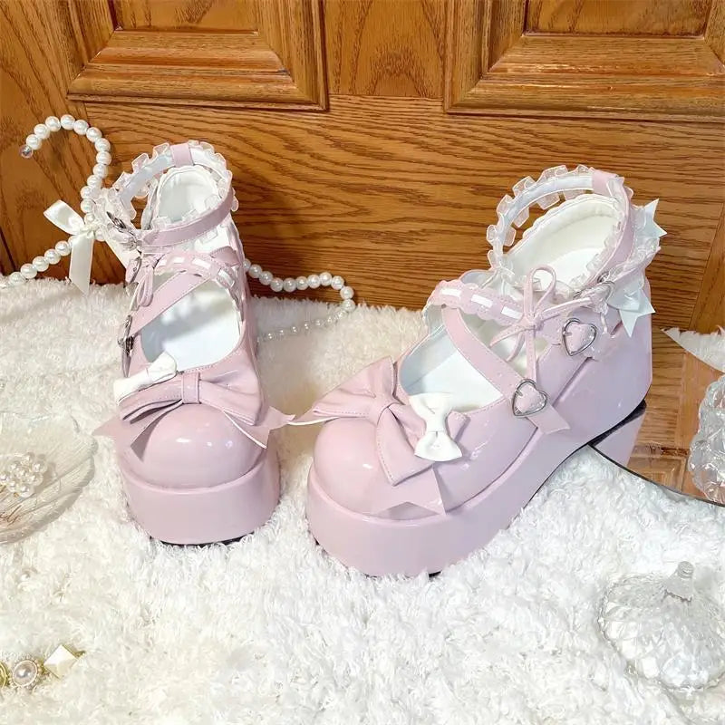 Lace Bowknot White Lolita Shoes for Women 2025 Heart Buckle Platform Mary Janes Woman Japanese Style Patent Leather Jk Shoes