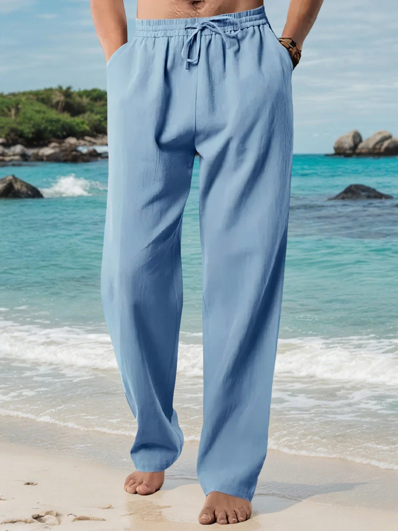 Men's Cotton Linen Casual Long Pants Summer Loose Breathable Beach Pants Solid Color Drawstring Elastic Waist Male Trousers