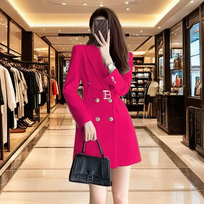 2025 New Spring Autumn Chic Casual Outwear Jacket Outwear Women's Belt Medium Long Double Row Long Sleeve Professional Suit Tops