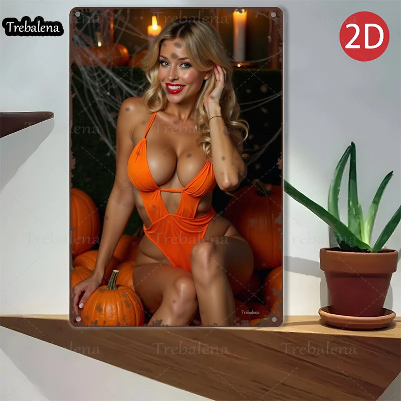 1PC 2D Flat 8*12inch Metal Sign Halloween Pumpkin Scene Woman in Orange Dress Art