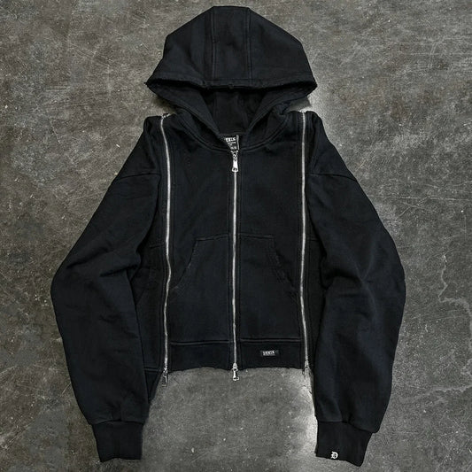 Black Hip Hop Men Zipper Hooded Sweatshirt Double-Waist Zipper Suit American Vintage Retro Fashion New Trend Streetwear