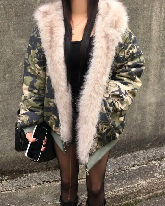 Street Style Warm Leaf Camouflage Plus Velvet Hooded Jacket Womens Mens Camouflage Zipper Jacket with Faux Fur Casual Coats