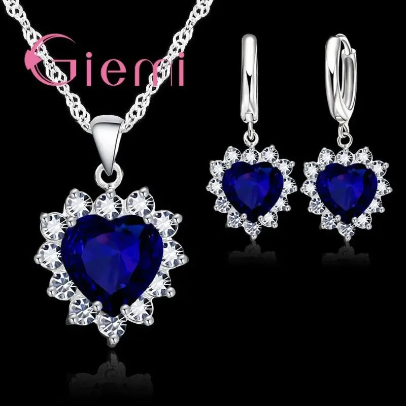 Love Heart Crystal Pendant Silver Color Party Jewelry Sets Necklace Earrings For Women Valentine Gifts