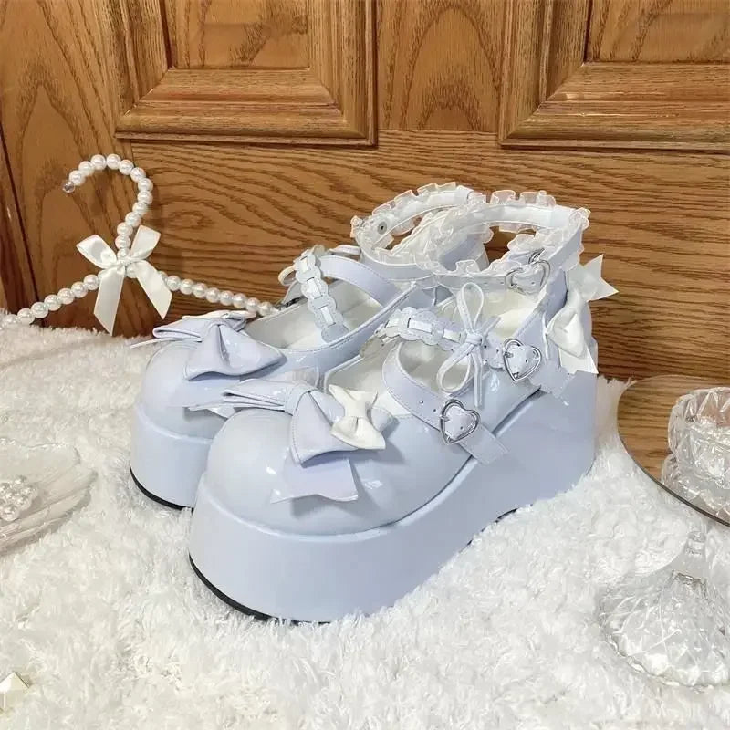 Lace Bowknot White Lolita Shoes for Women 2025 Heart Buckle Platform Mary Janes Woman Japanese Style Patent Leather Jk Shoes
