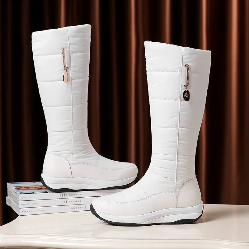 2025  Women Snow Boots Waterproof Down Plush Genuine Leather Red White Casual Travel Ladies Flat Heels Platform Knee High Boots