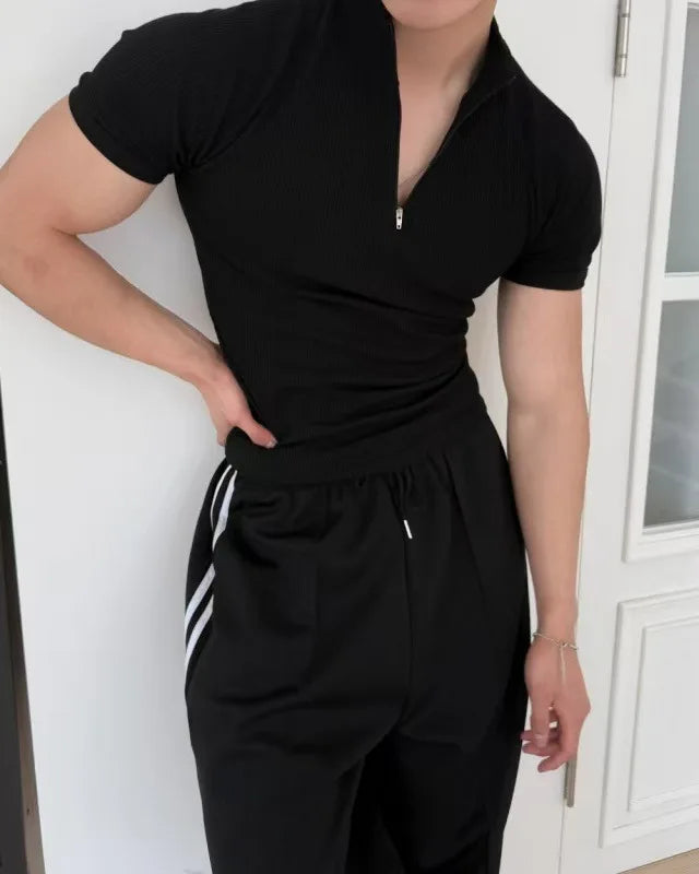 Summer New Men's Sportswear Casual Running And Fitness Stretch Solid Color Zipper Simple Striped Thick Short-sleeved T-shirt