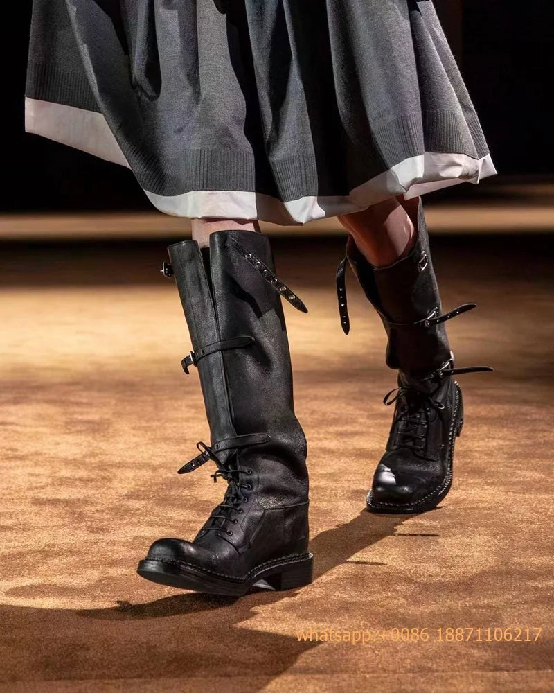 Genuine Leather Ladies Knight Boots 2025 Autumn Belt Buckle Model Catwalk Casual Long Boots Black/brown Thick Heel Casual Boots
