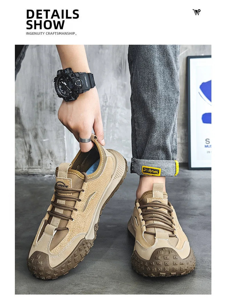 Outdoor Men Hiking Shoes Anti-slip Platform Men Sneakers Retro Leather Jogging Shoes Fashion Wear-resistant Trekking Shoes Male