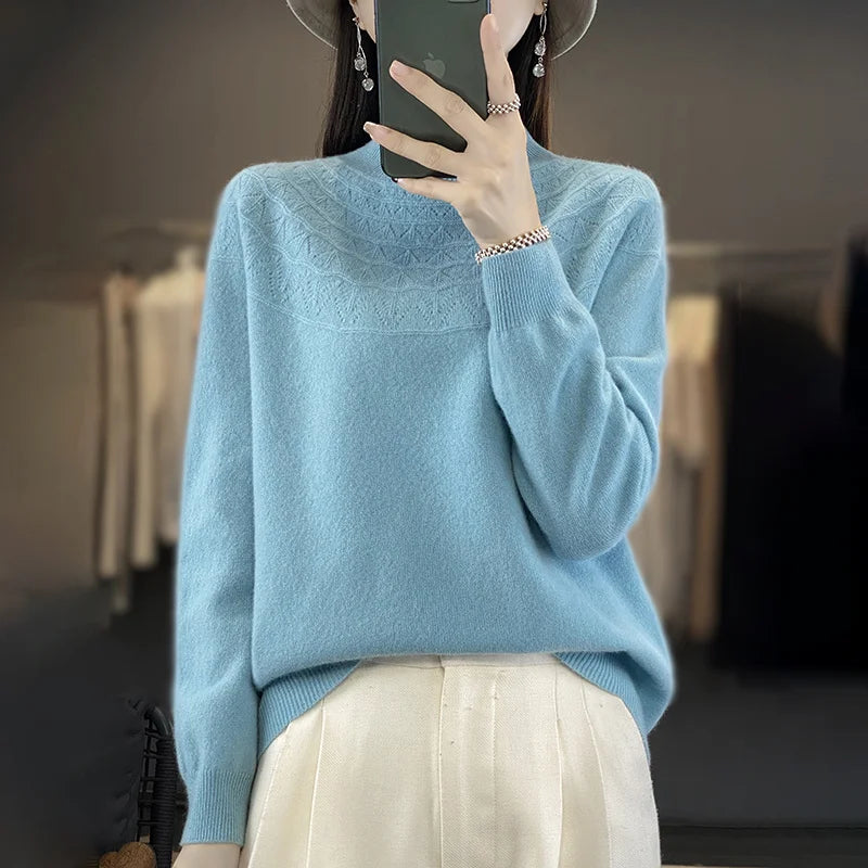 2024 New Line Of Garment Hollowed Out Half Height Women's High-grade Woolen Sweater 100% Pure Wool Multi-color Option WQ