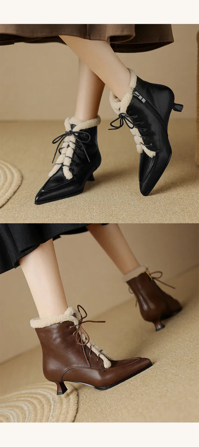 NEW Winter Women Shoes Split Leather Shoes for Women Pointed Toe Kitten Heel Shoes Elegant Modern Boots Wool Blend Ankle Boots