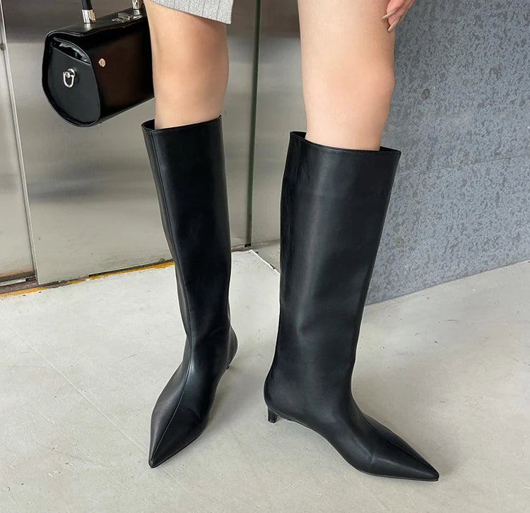 2025 Luxury Knee High Boots Women Wine Red Pointed Toe Kitten Heel Long Boots Wide Tube Bottes Santiags Femme Elegant Shoes