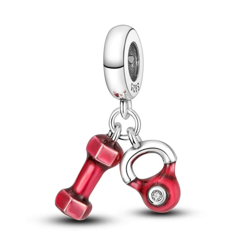 Original 925 Sterling Silver Red Charm Beads Red Wine Chili Dumbbell Pendant For Women Fit DIY Bracelet Birthday Jewelry Gift