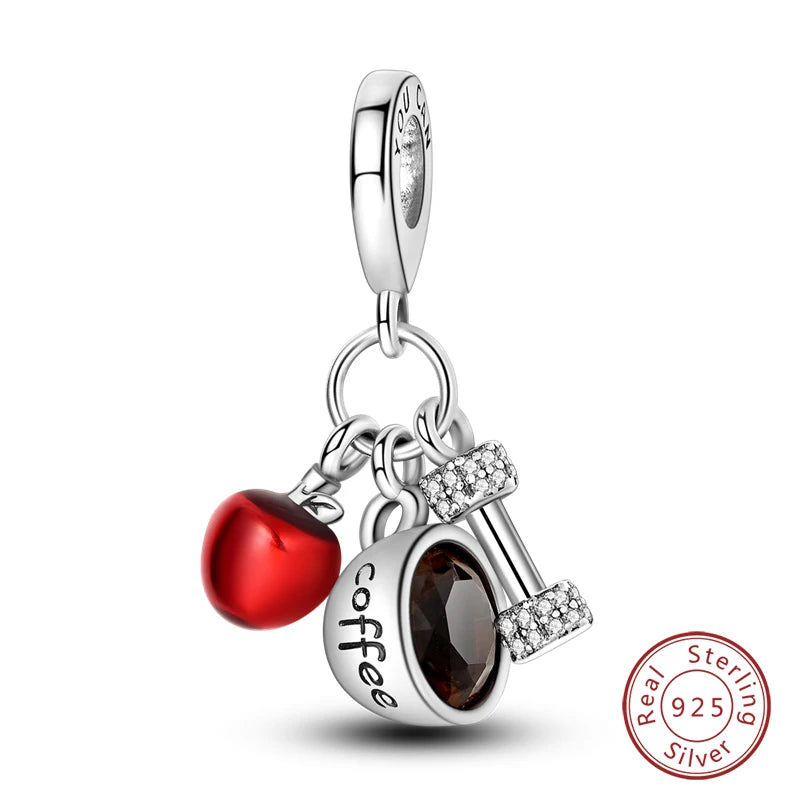 Original 925 Sterling Silver Red Charm Beads Red Wine Chili Dumbbell Pendant For Women Fit DIY Bracelet Birthday Jewelry Gift